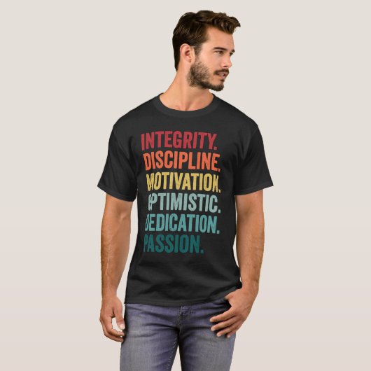 INTEGRITY MOTIVATION OPTIMISTIC DEDICATION Values T-shirt (Voorkant volledig)
