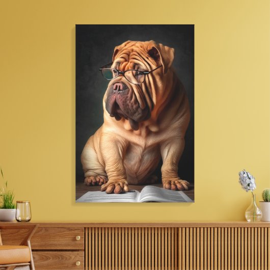 Intelligente Shar Pei hond met boekontwerp Canvas Afdruk (Insitu (Woonkamer))