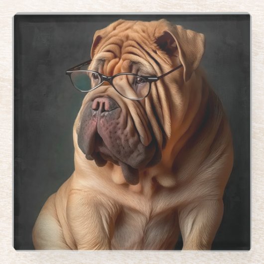 Intelligente Shar Pei hond met boekontwerp Glazen Onderzetter (Voorkant)