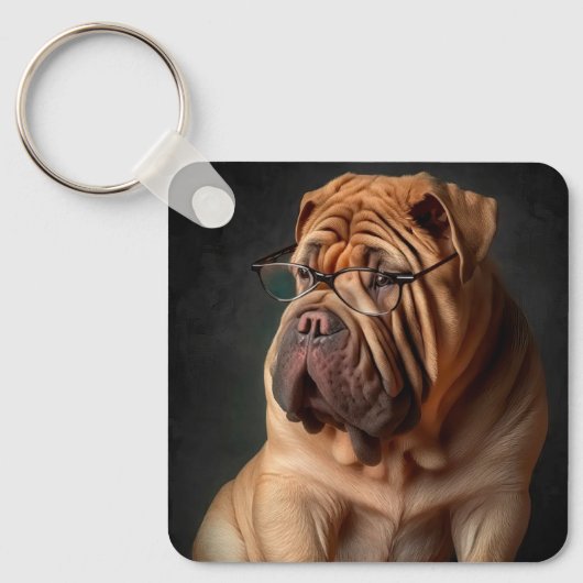 Intelligente Shar Pei hond met boekontwerp Sleutelhanger (Voorkant)