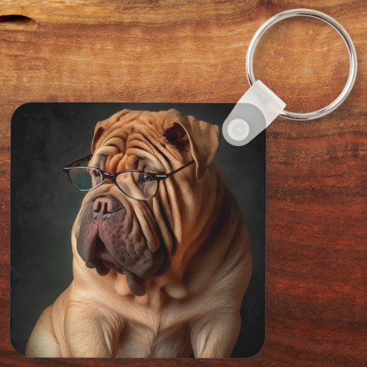 Intelligente Shar Pei hond met boekontwerp Sleutelhanger (Achterkant)