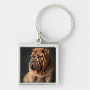 Intelligente Shar Pei hond met boekontwerp Sleutelhanger
