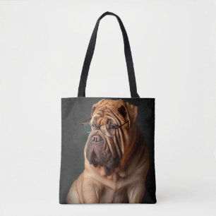 Intelligente Shar Pei hond met boekontwerp Tote Bag