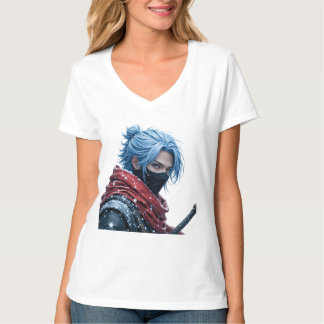 Intense Blue-Haired Swordsman in Snowy Setting Por T-shirt