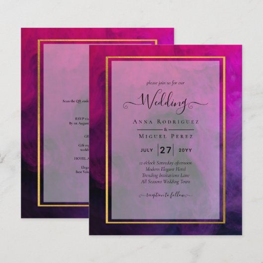 Intense Magenta Plum Paarse INK Wedding INVITE (Voorkant / Achterkant)