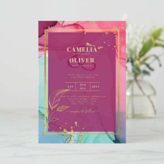 Intense PINK Turquoise GOLD WEDDING Alcohol Inkt Kaart (Staand voorkant)