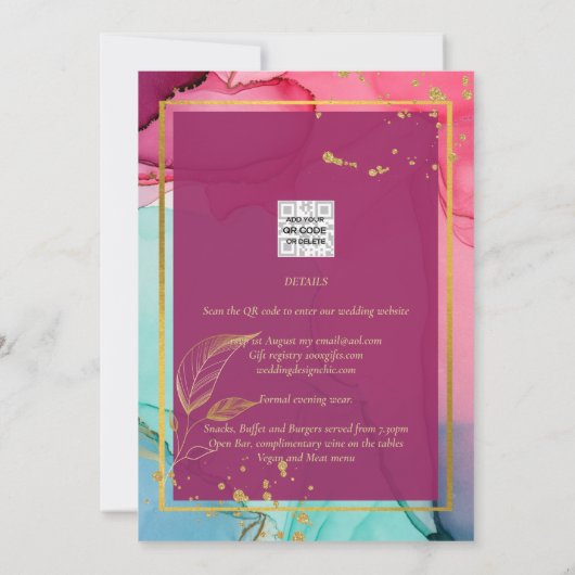 Intense PINK Turquoise GOLD WEDDING Alcohol Inkt Kaart (Achterkant)