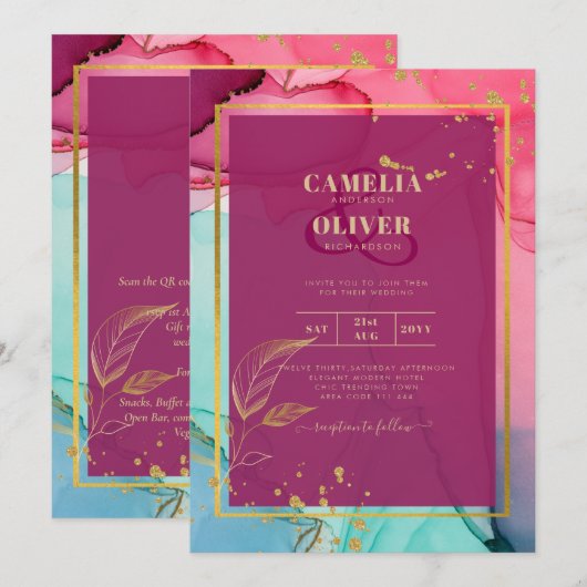 Intense PINK Turquoise GOLD WEDDING Alcohol Inkt Kaart (Voorkant / Achterkant)