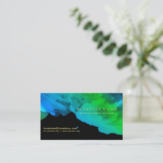 Intense Turkoois Blauwgroene Waterverf op Zwart Visitekaartje (Staand voorkant)