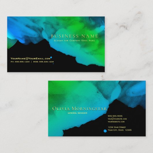 Intense Turkoois Blauwgroene Waterverf op Zwart Visitekaartje (Voorkant / Achterkant)