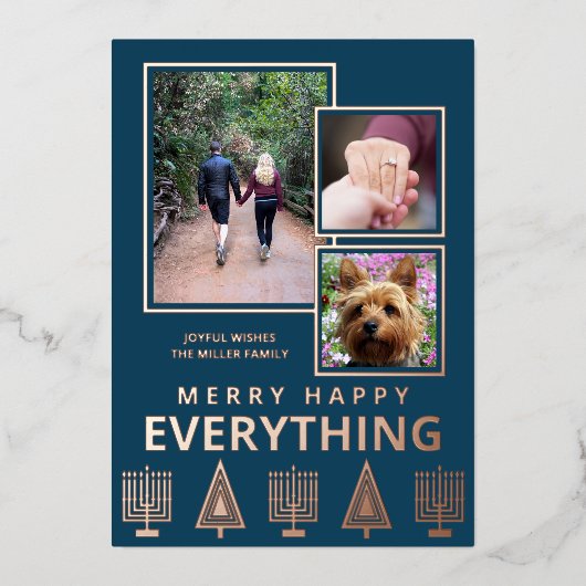 Interfaith 3 Photo Simple Trendy Navy Rose Gold Folie Feestdagenkaart (Voorkant)