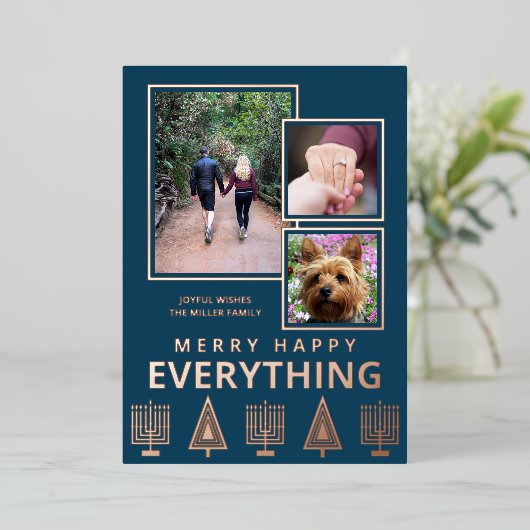 Interfaith 3 Photo Simple Trendy Navy Rose Gold Folie Feestdagenkaart (Staand Voorkant)