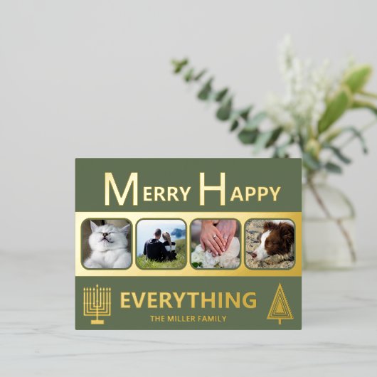 Interfaith 4 Photo Simple Modern Green Gold Folie Feestdagen Briefkaart (Staand Voorkant)