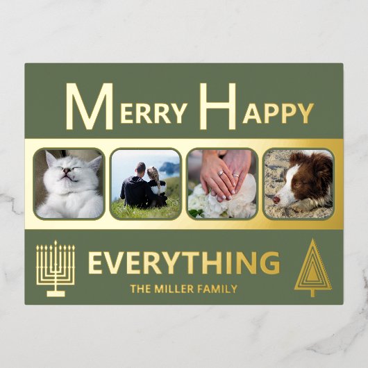 Interfaith 4 Photo Simple Modern Green Gold Folie Feestdagen Briefkaart (Voorkant)