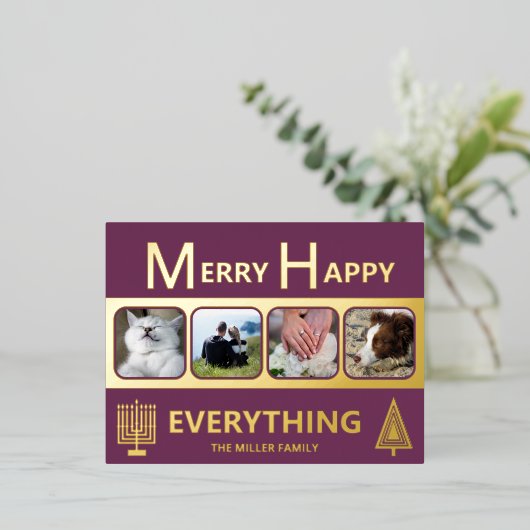 Interfaith 4 Photo Simple Modern Purple Gold Folie Feestdagen Briefkaart (Staand Voorkant)