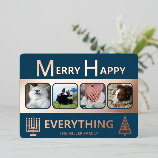 Interfaith 4 Photo Simple Trendy Navy Rose Gold Folie Feestdagenkaart (Staand Voorkant)