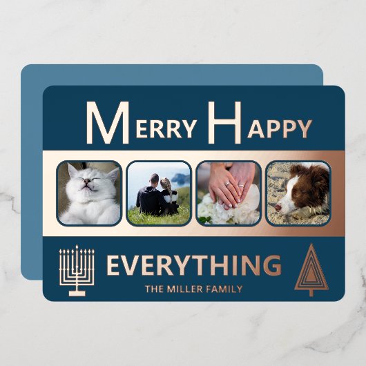 Interfaith 4 Photo Simple Trendy Navy Rose Gold Folie Feestdagenkaart (Voorkant / Achterkant)