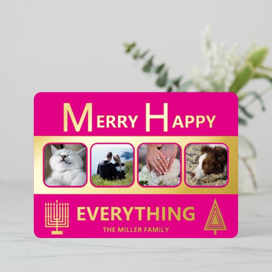 Interfaith 4 Photo Simple Trendy Pink Gold Folie Feestdagenkaart (Staand Voorkant)