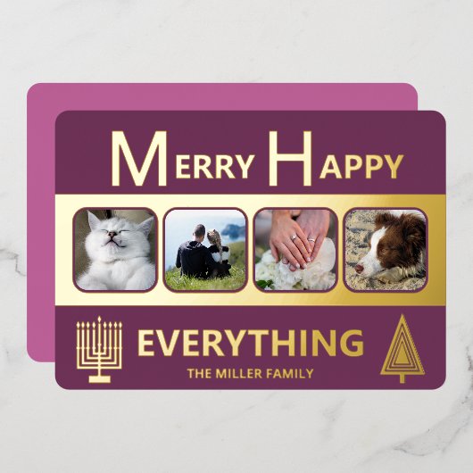 Interfaith 4 Photo Simple Trendy Purple Gold Folie Feestdagenkaart (Voorkant / Achterkant)