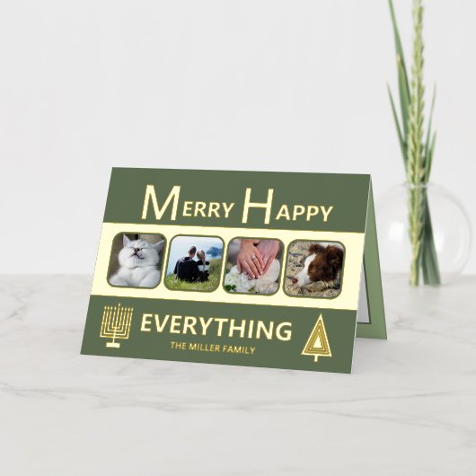 Interfaith 4 Photo Trendy Simple Green Gold Folie Feestdagenkaart (Voorkant)