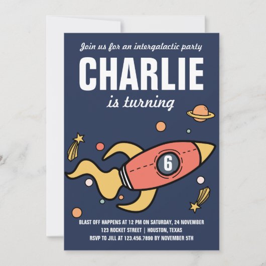 Intergalactic / Rocket Verjaardagsfeestuitnodiging Kaart (Voorkant)