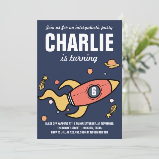 Intergalactic / Rocket Verjaardagsfeestuitnodiging Kaart (Staand voorkant)