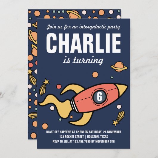Intergalactic / Rocket Verjaardagsfeestuitnodiging Kaart (Voorkant / Achterkant)