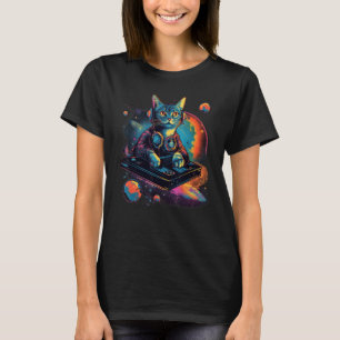 Intergalactische Kosmische DJ Kat - Levendig Retro T-shirt