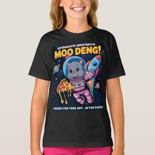 Intergalactische Moo Deng Baby Hippo Pizza Adventu T-shirt (Voorkant)