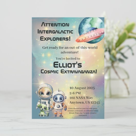 Intergalactische uitnodigingen voor verjaardagen (Staand voorkant)