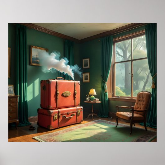  interieur met koffers-trein en rook poster (Voorkant)