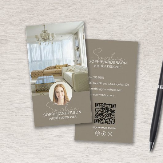 Interieur Ontwerper Foto QR Script Naam Taupe Visitekaartje