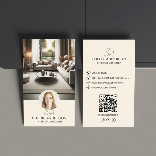 Interieur Ontwerper Monogram Foto QR Crème Visitekaartje