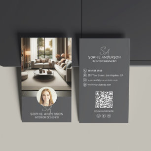 Interieur Ontwerper Monogram Foto QR Grijs Visitekaartje
