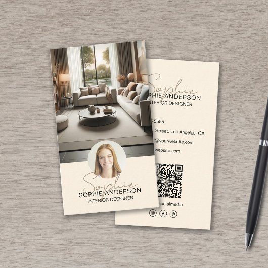 Interieur Ontwerper Script Naam Foto QR Cream Visitekaartje