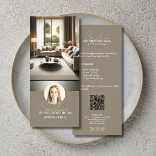 Interieur Ontwerper Script Naam Foto QR Taupe Reclamekaart