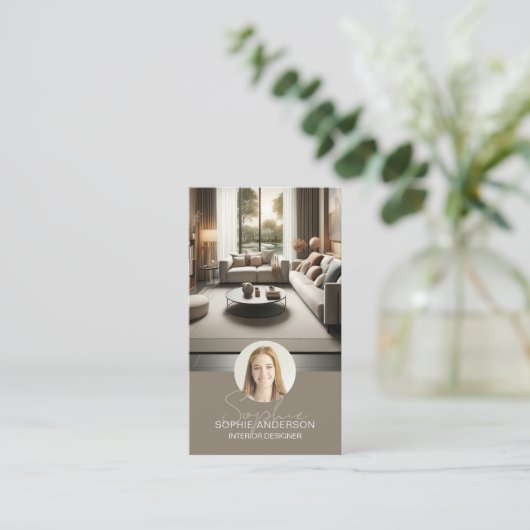 Interieur ontwerper Script Naam Foto QR Taupe Visitekaartje (Staand voorkant)