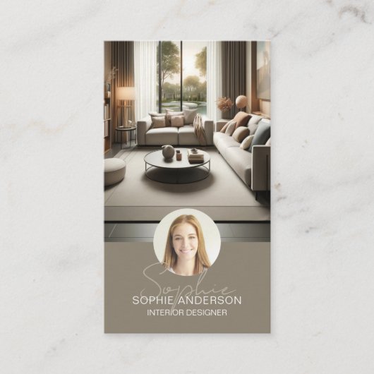 Interieur ontwerper Script Naam Foto QR Taupe Visitekaartje (Voorkant)