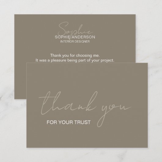 Interieur Ontwerper Script Naam Taupe Bedankkaart (Voorkant / Achterkant)