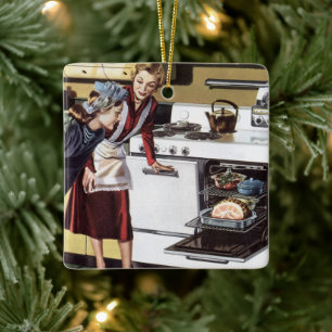 Interieur van een vintage huis, moeder in de keuke keramisch ornament