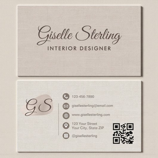 Interieurontwerper Beige Linnen Elegante QR Code Visitekaartje