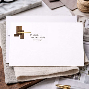 Interieurontwerper Hout Goud Logo Plat Notitiekaar Notitiekaartje