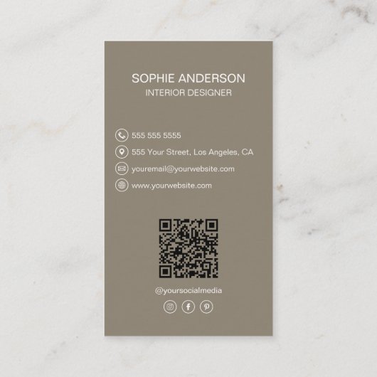 Interieurontwerper Logo Foto QR Social Media Taupe Visitekaartje (Achterkant)