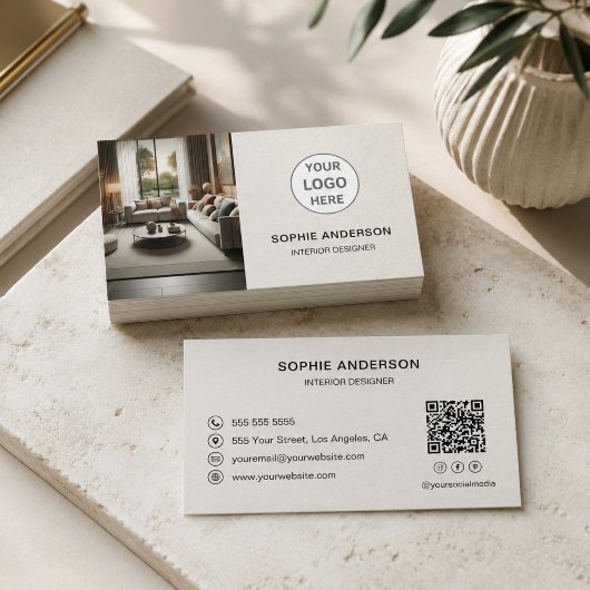 Interieurontwerper Logo QR-code Neutraal Beige Visitekaartje