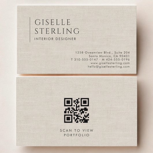 Interieurontwerper Luxe Neutrale Linnen QR-code Visitekaartje