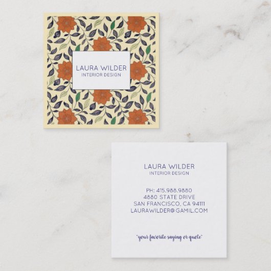 Interieurontwerper monogram bloemmotief crème vierkante visitekaartje (Voorkant / Achterkant)