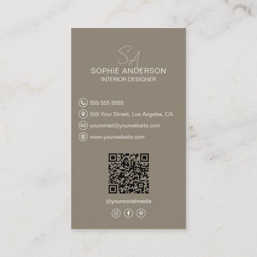 Interieurontwerper Monogram Foto QR Taupe Visitekaartje (Achterkant)