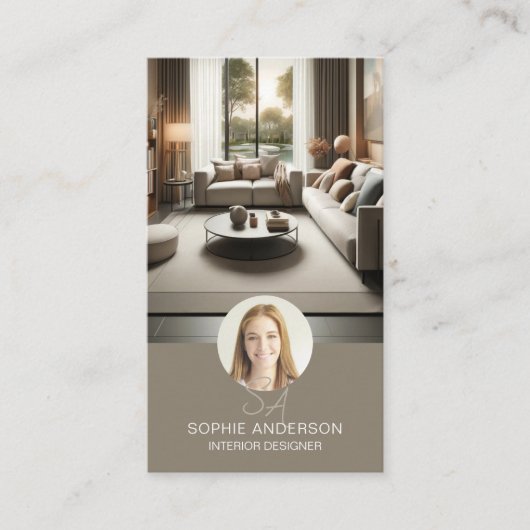 Interieurontwerper Monogram Foto QR Taupe Visitekaartje (Voorkant)