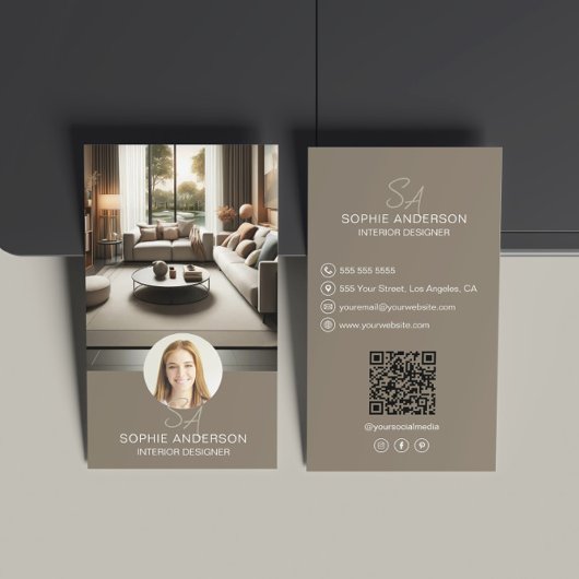 Interieurontwerper Monogram Foto QR Taupe Visitekaartje