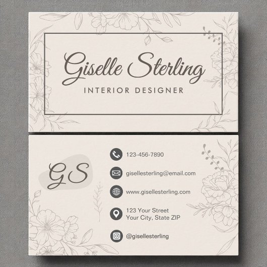 Interieurontwerper Neutraal ivoor Floral Elegant Visitekaartje